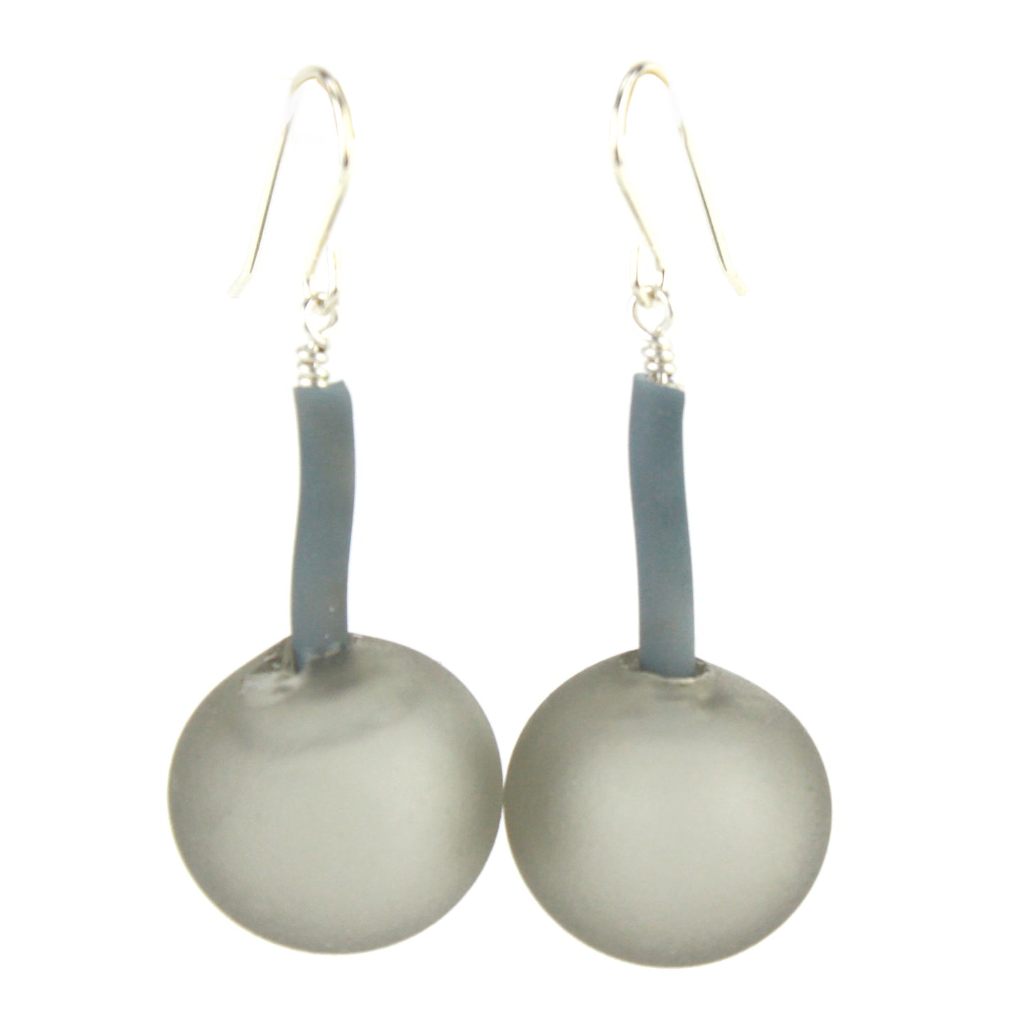 The Aura Earrings in Grey, featuring handcrafted frosted glass beads suspended from flexible tubing with sterling silver hooks, designed for modern elegance and easy wear.