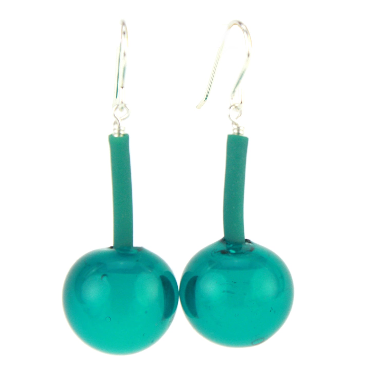 The Aura Earrings in Teal, featuring handcrafted glossy glass beads suspended from flexible tubing with sterling silver hooks, designed for modern elegance and easy wear.