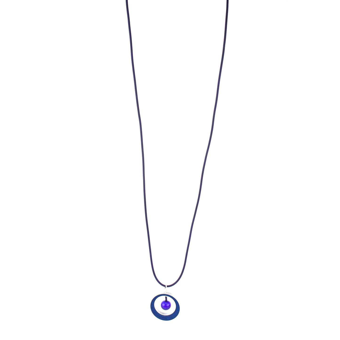 The Glory Necklace in Cobalt Blue, featuring a handcrafted pendant made from eco-resin, salvaged aluminum, and glossy blown glass, suspended on a fully adjustable silicone cord.