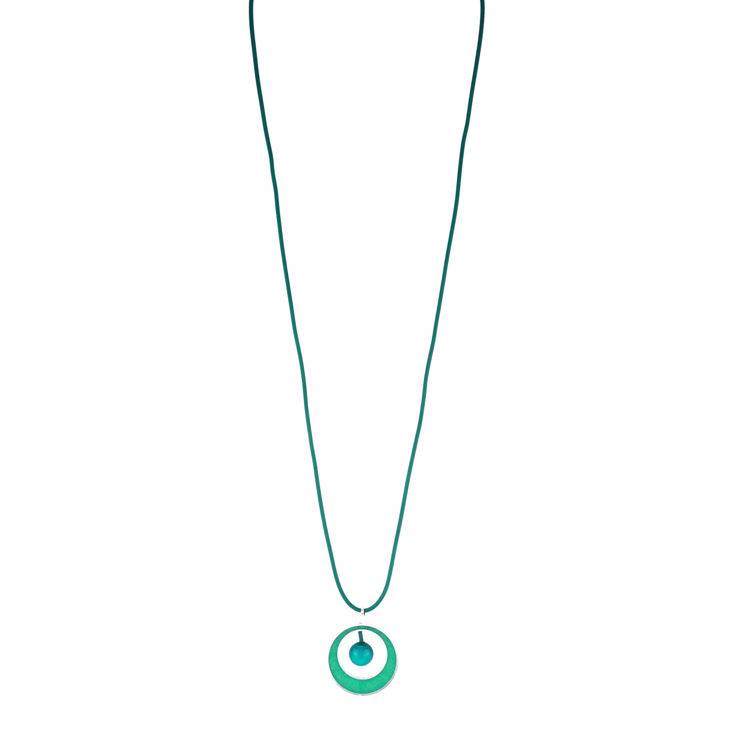 The Glory Necklace in Teal, featuring a handcrafted pendant made from eco-resin, salvaged aluminum, and glossy blown glass, suspended on a fully adjustable silicone cord.