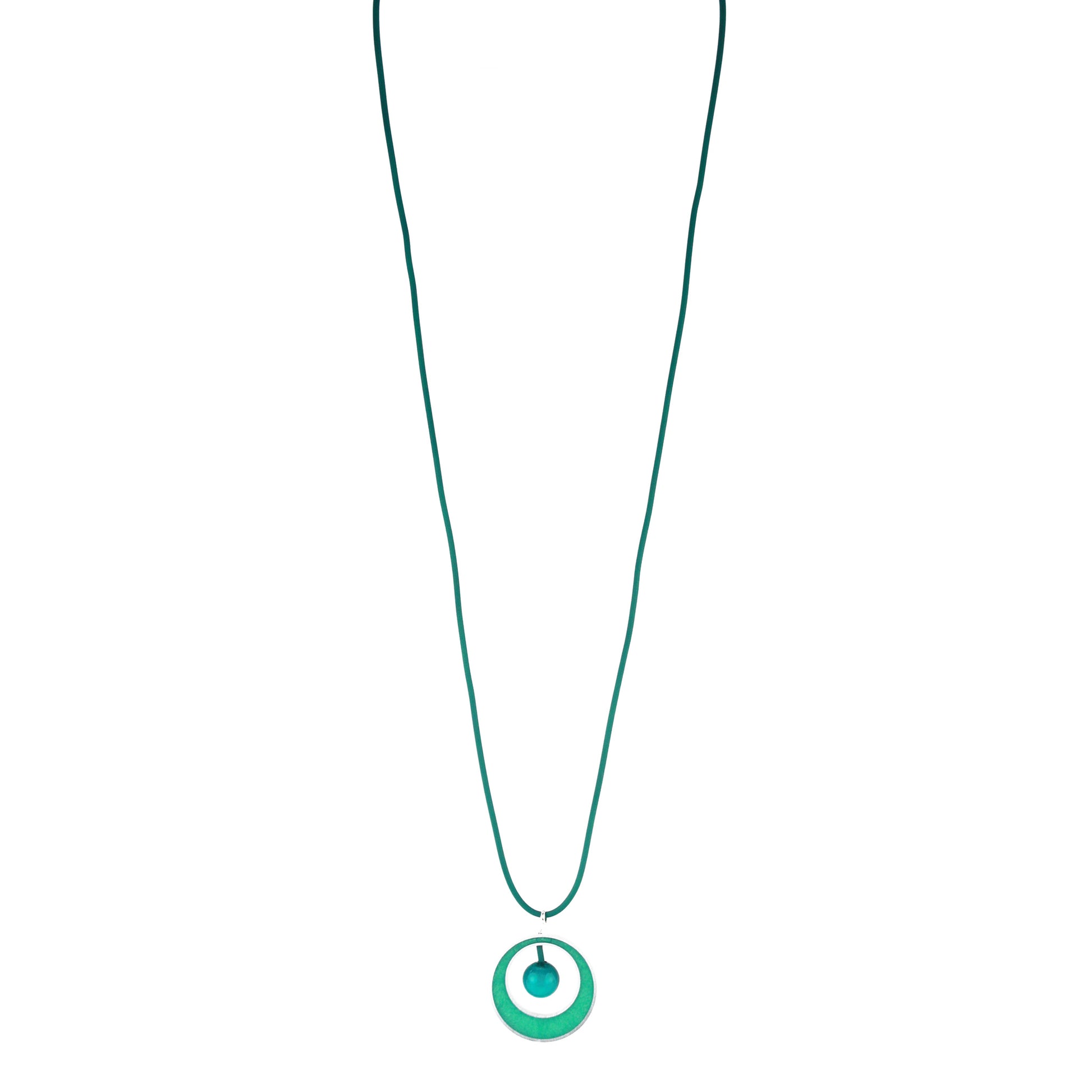 The Glory Necklace in Teal, featuring a handcrafted pendant made from eco-resin, salvaged aluminum, and glossy blown glass, suspended on a fully adjustable silicone cord.