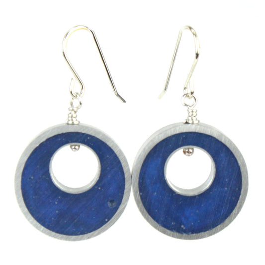 Dark blue Spotlight Earrings made of eco-resin and salvaged aluminum with sterling silver ear wires for lightweight, sustainable elegance.