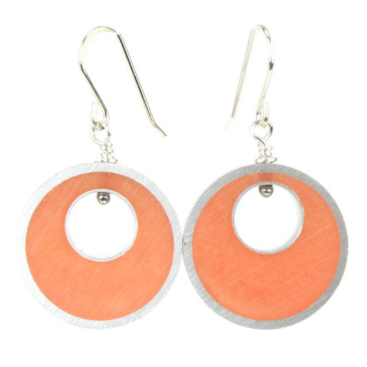 Orange Spotlight Earrings made of eco-resin and salvaged aluminum with sterling silver ear wires, offering lightweight and sustainable elegance.