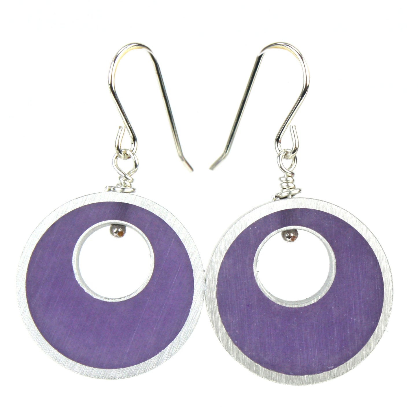 Purple Spotlight Earrings made of eco-resin and salvaged aluminum with sterling silver ear wires, offering lightweight and sustainable sophistication.