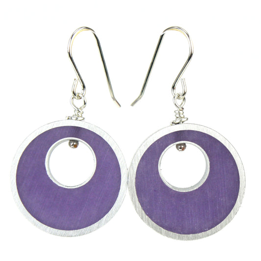 Purple Spotlight Earrings made of eco-resin and salvaged aluminum with sterling silver ear wires, offering lightweight and sustainable sophistication.