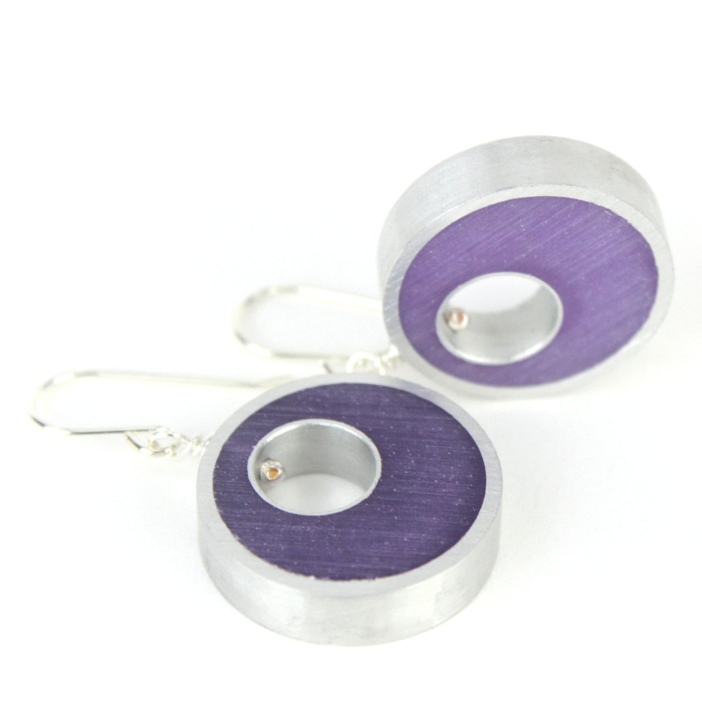 Purple Spotlight Earrings made of eco-resin and salvaged aluminum with sterling silver ear wires, offering lightweight and sustainable sophistication.