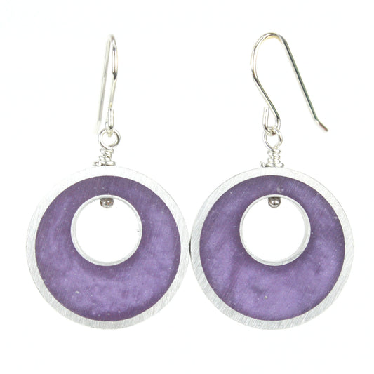 Lavender Spotlight Earrings made of eco-resin and salvaged aluminum with sterling silver ear wires, offering lightweight and sustainable beauty.