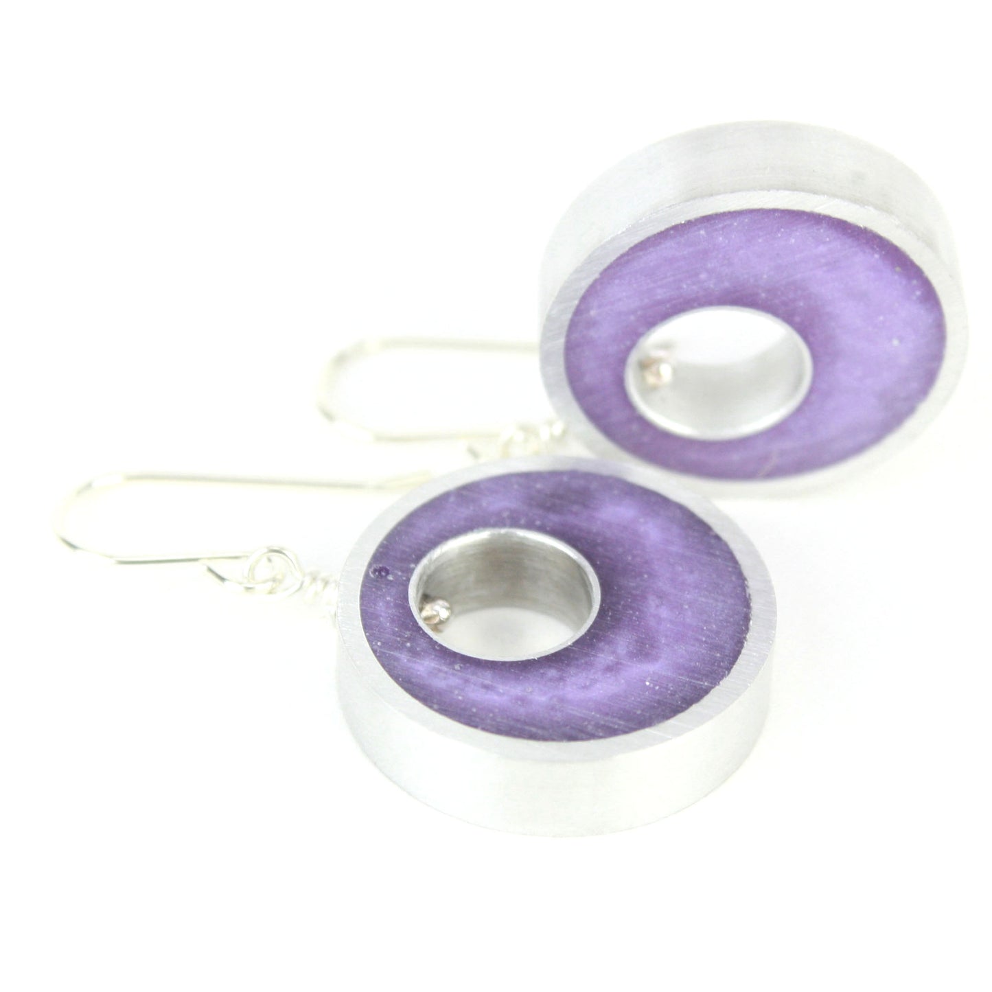Lavender Spotlight Earrings made of eco-resin and salvaged aluminum with sterling silver ear wires, offering lightweight and sustainable beauty.