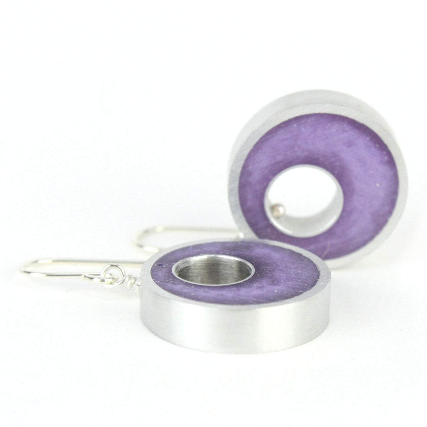 Lavender Spotlight Earrings made of eco-resin and salvaged aluminum with sterling silver ear wires, offering lightweight and sustainable beauty.