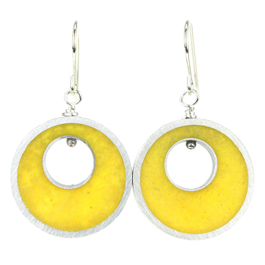 Yellow Spotlight Earrings made of eco-resin and salvaged aluminum with sterling silver ear wires, offering lightweight and sustainable brilliance.