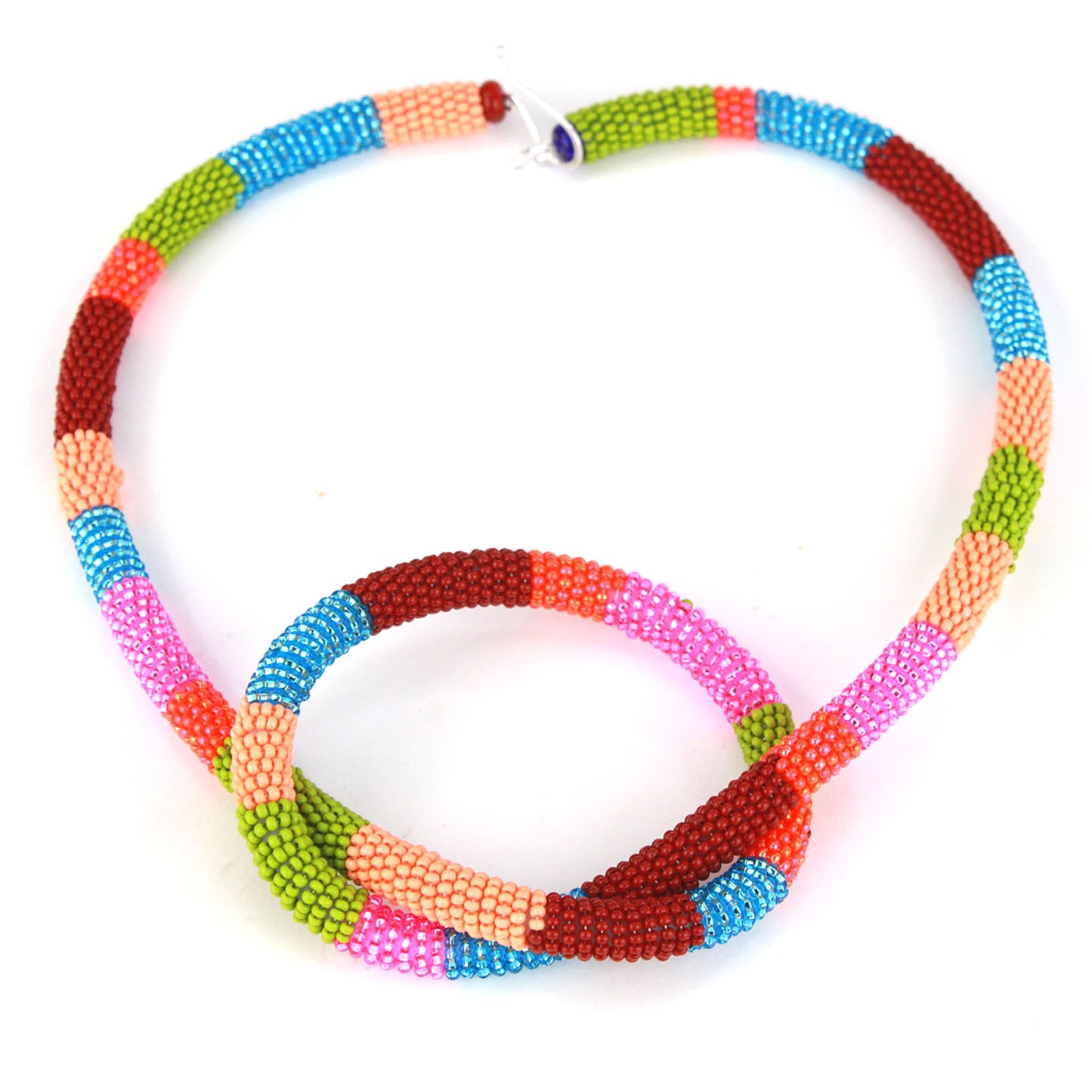 Confetti Knot Necklace with colorful glass beads in a multicolor design, featuring a soft silicone core and sterling silver hook-and-loop closure.