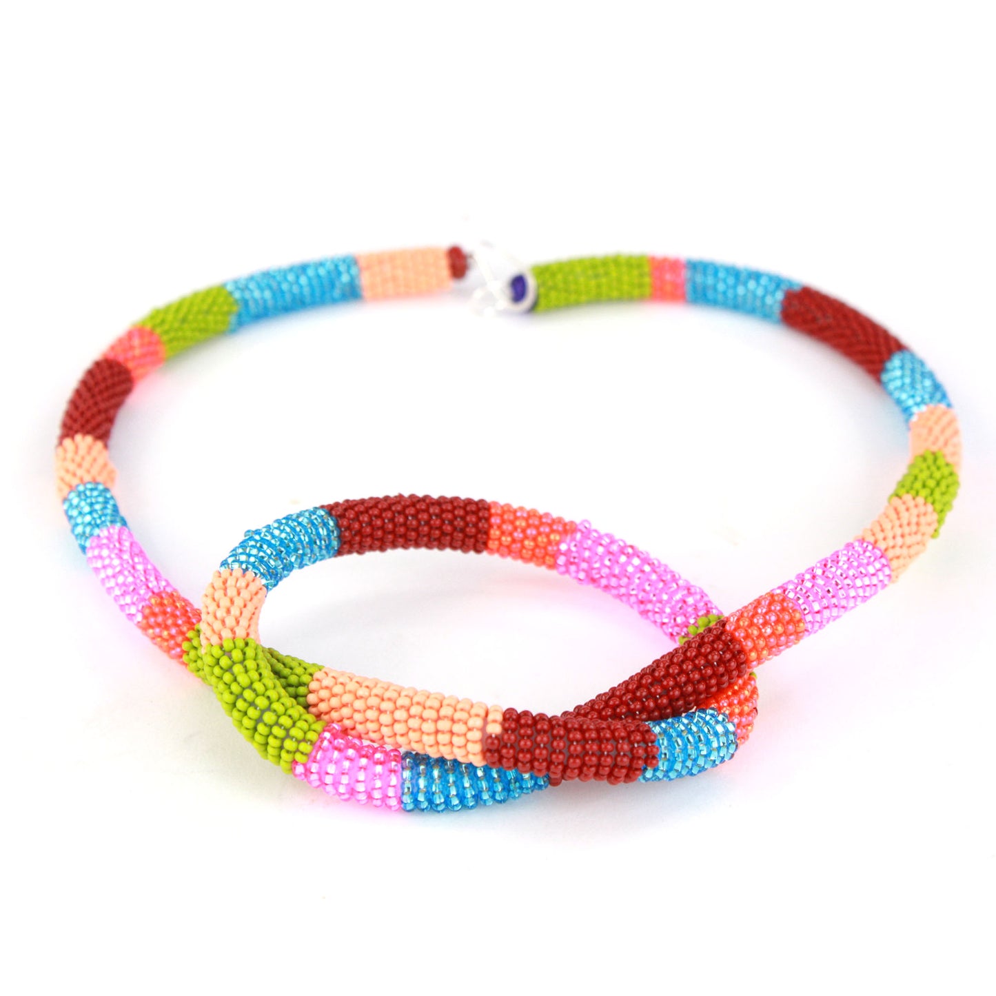 Confetti Knot Necklace with colorful glass beads in a multicolor design, featuring a soft silicone core and sterling silver hook-and-loop closure.