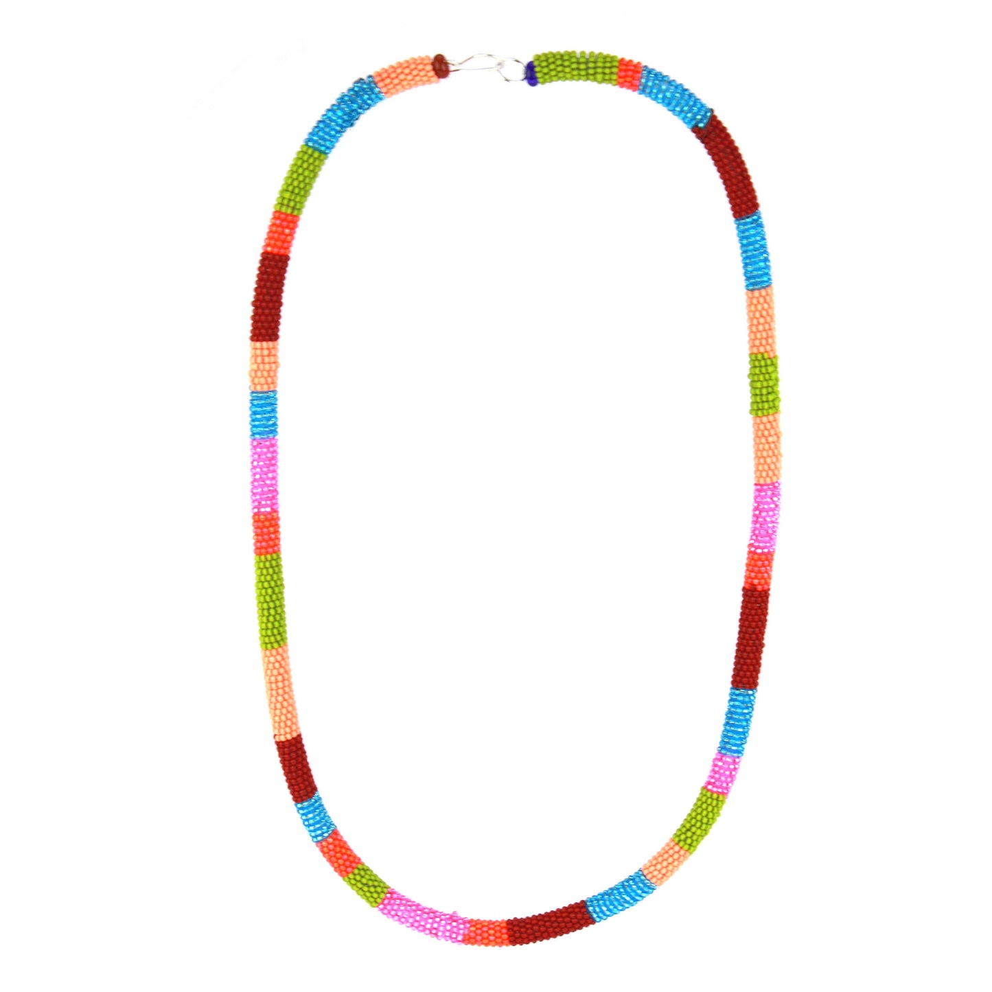 Confetti Knot Necklace with colorful glass beads in a multicolor design, featuring a soft silicone core and sterling silver hook-and-loop closure.