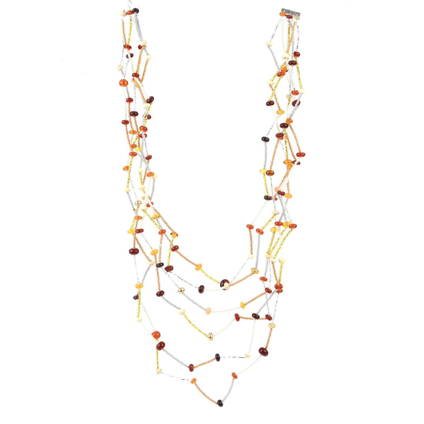 The Fiesta Necklace in amber, ivory and gold. Handcrafted six-strand necklace in amber, ivory, and gold glass beads with handmade lampwork accents and a zig-zag drape.