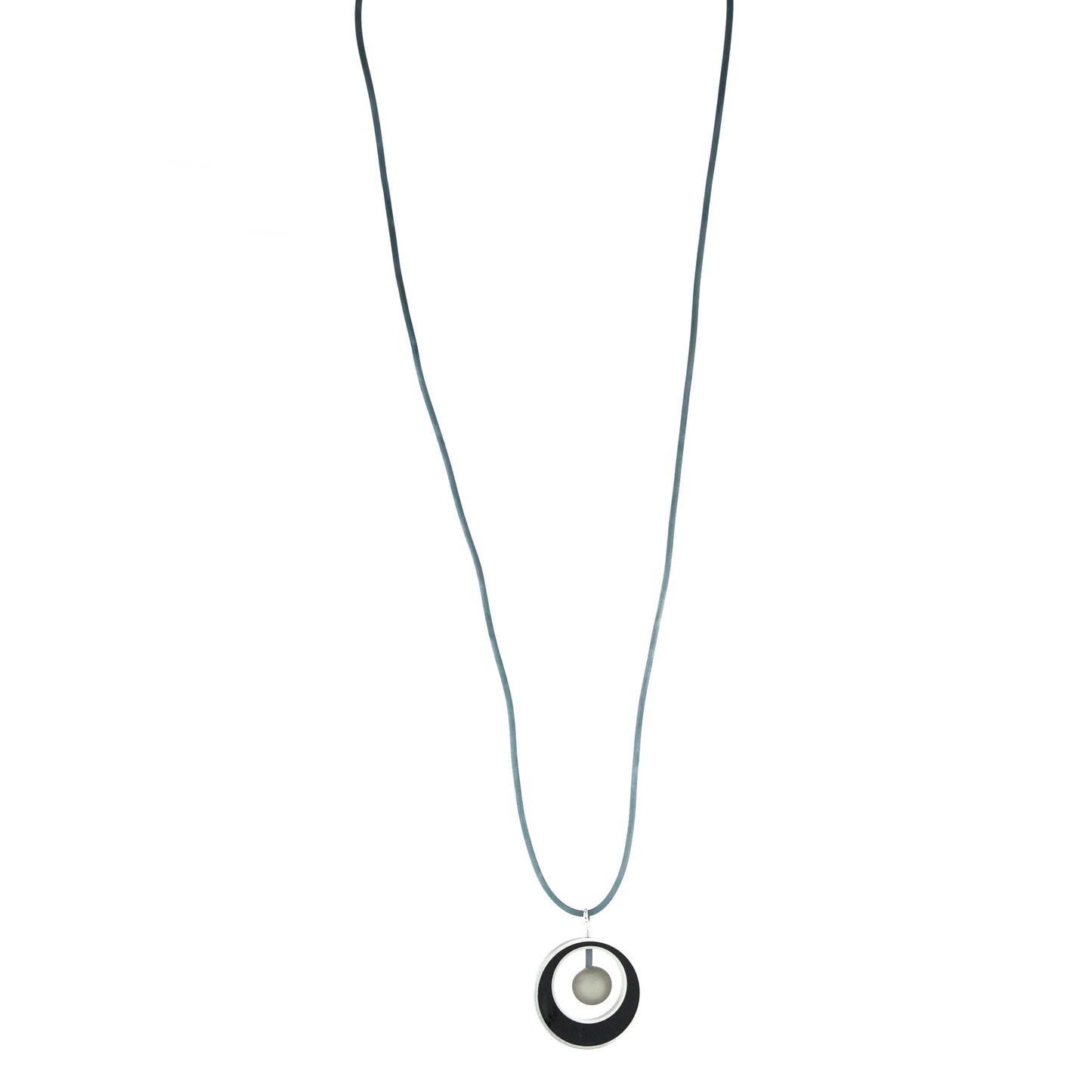 The Glory Necklace in Black & Grey, featuring a handcrafted pendant made from eco-resin, salvaged aluminum, and frosted blown glass, suspended on a fully adjustable silicone cord.