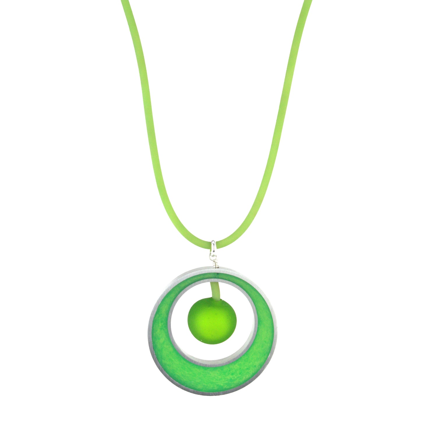 The Glory Necklace in Spring Green, featuring a handcrafted pendant made from eco-resin, salvaged aluminum, and frosted blown glass, suspended on a fully adjustable silicone cord.