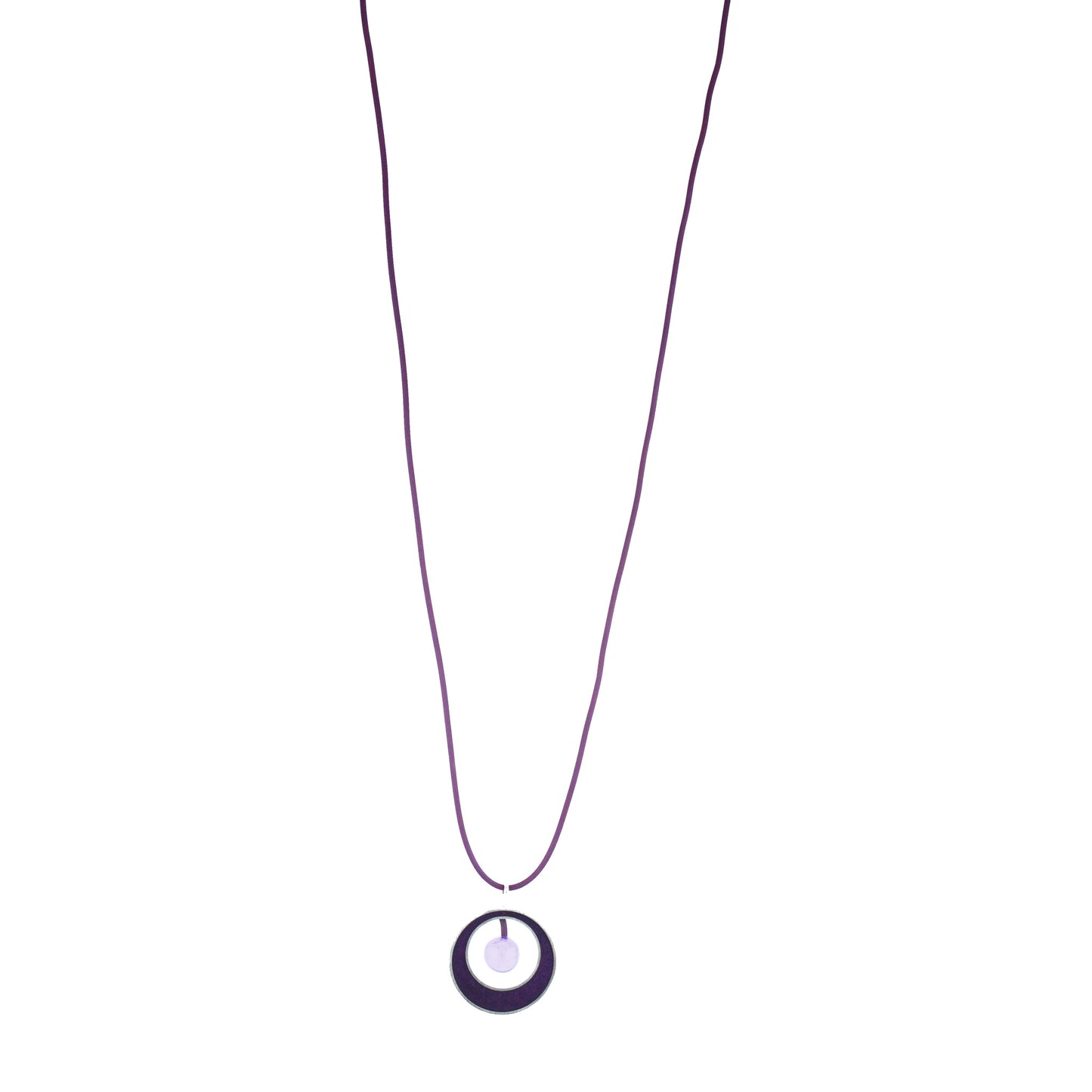 The Glory Necklace in Color-Changing Purple, featuring a handcrafted pendant made from eco-resin, salvaged aluminum, and a blown glass bead that shifts from purple to blue under fluorescent light.