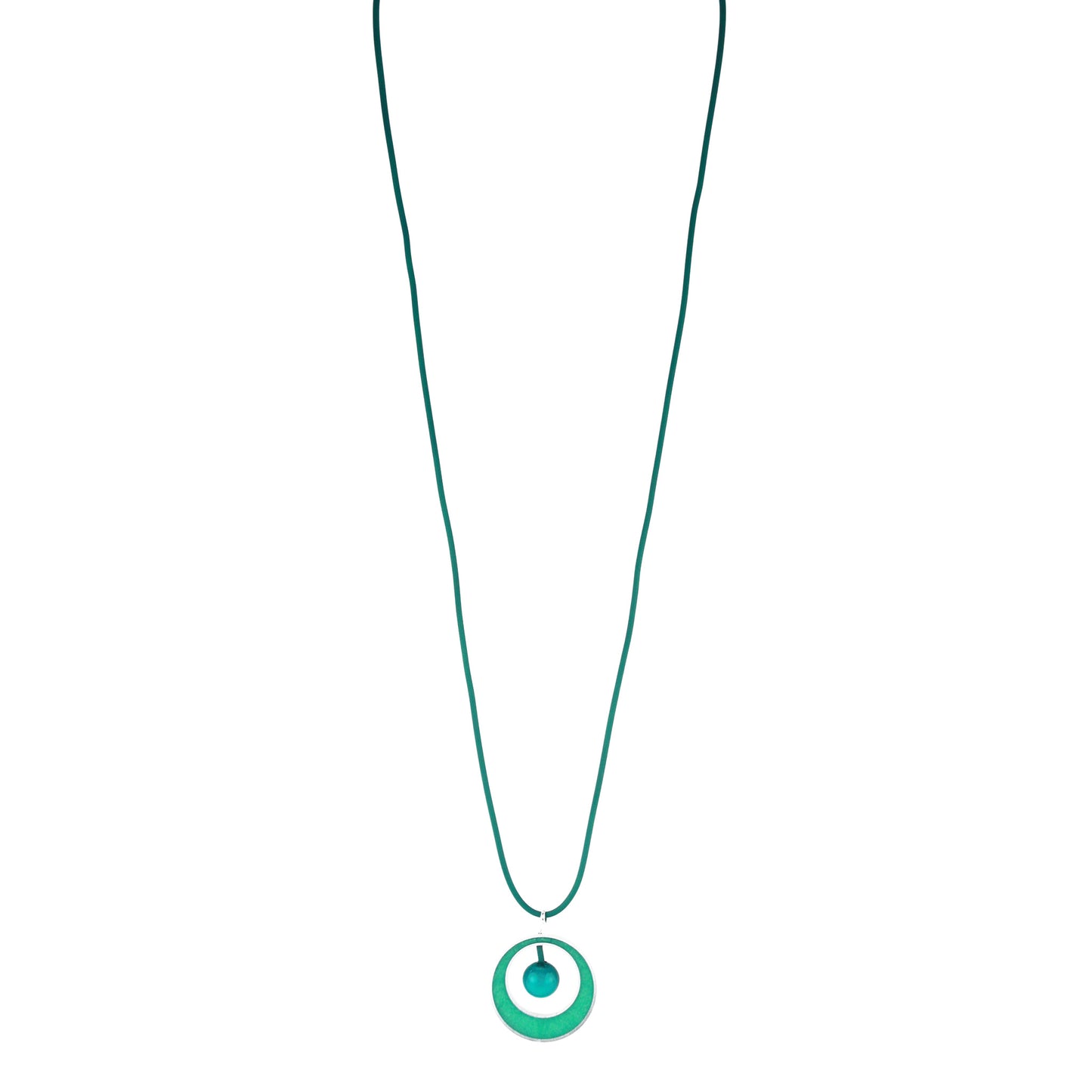  The Glory Necklace in Teal, featuring a handcrafted pendant made from eco-resin, salvaged aluminum, and glossy blown glass, suspended on a fully adjustable silicone cord.