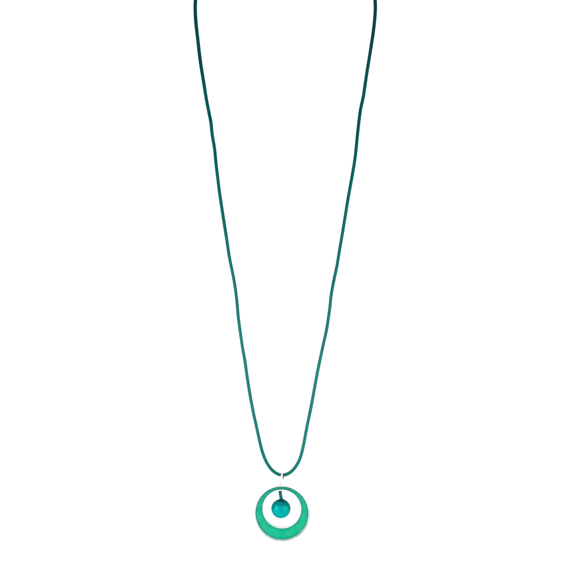  The Glory Necklace in Teal, featuring a handcrafted pendant made from eco-resin, salvaged aluminum, and glossy blown glass, suspended on a fully adjustable silicone cord.