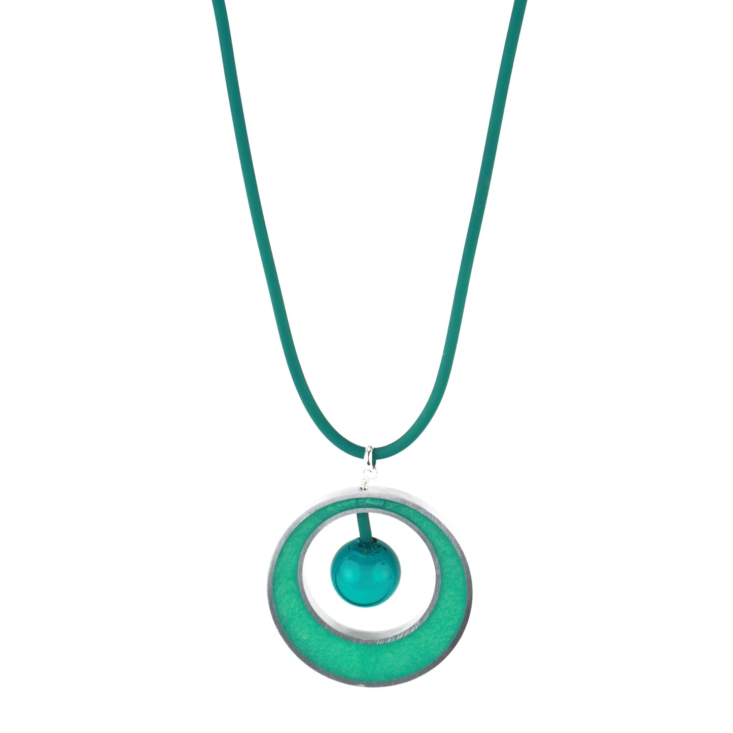 The Glory Necklace in Teal, featuring a handcrafted pendant made from eco-resin, salvaged aluminum, and glossy blown glass, suspended on a fully adjustable silicone cord.