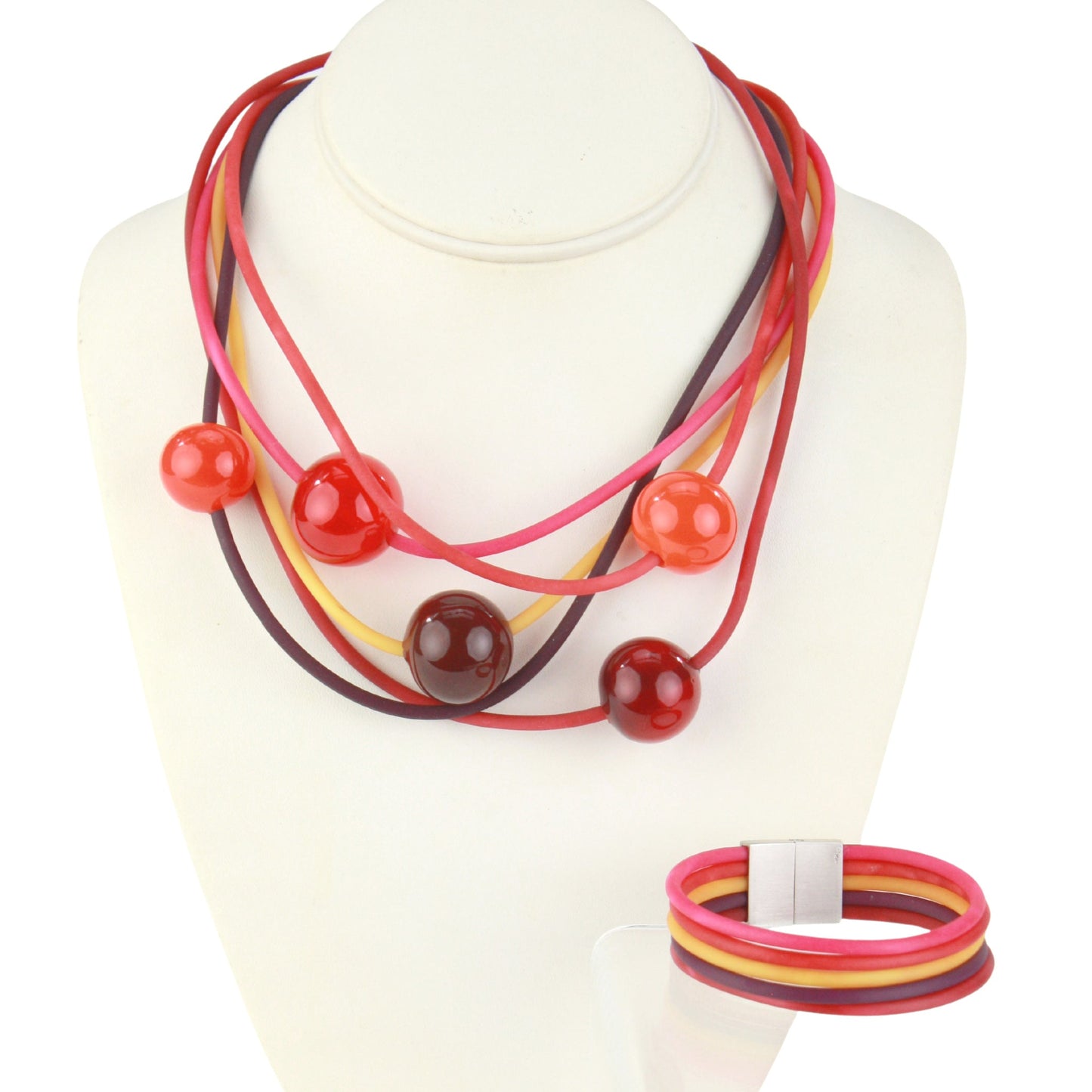 Multi-strand necklace - reds, pink and purple