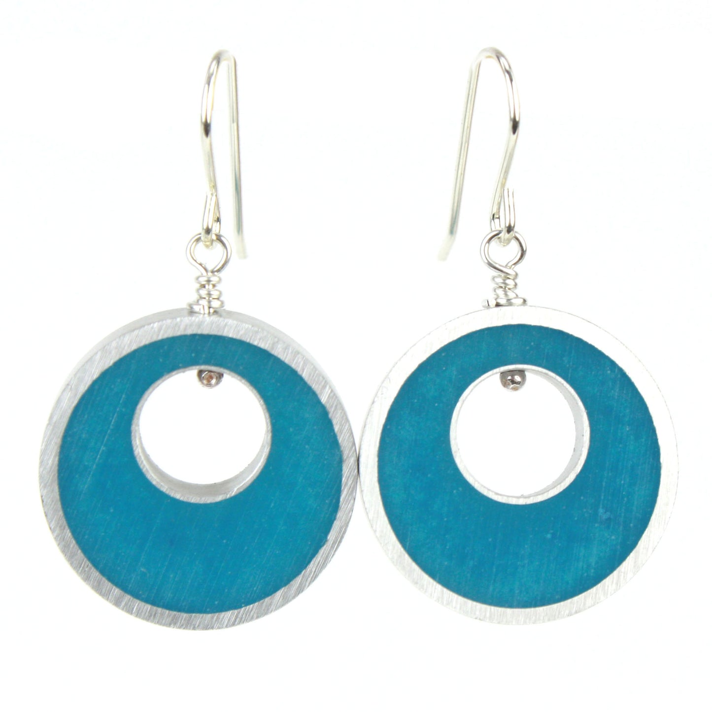 Blue-green Spotlight Earrings made of eco-resin and salvaged aluminum, featuring lightweight construction and sterling silver ear wires.