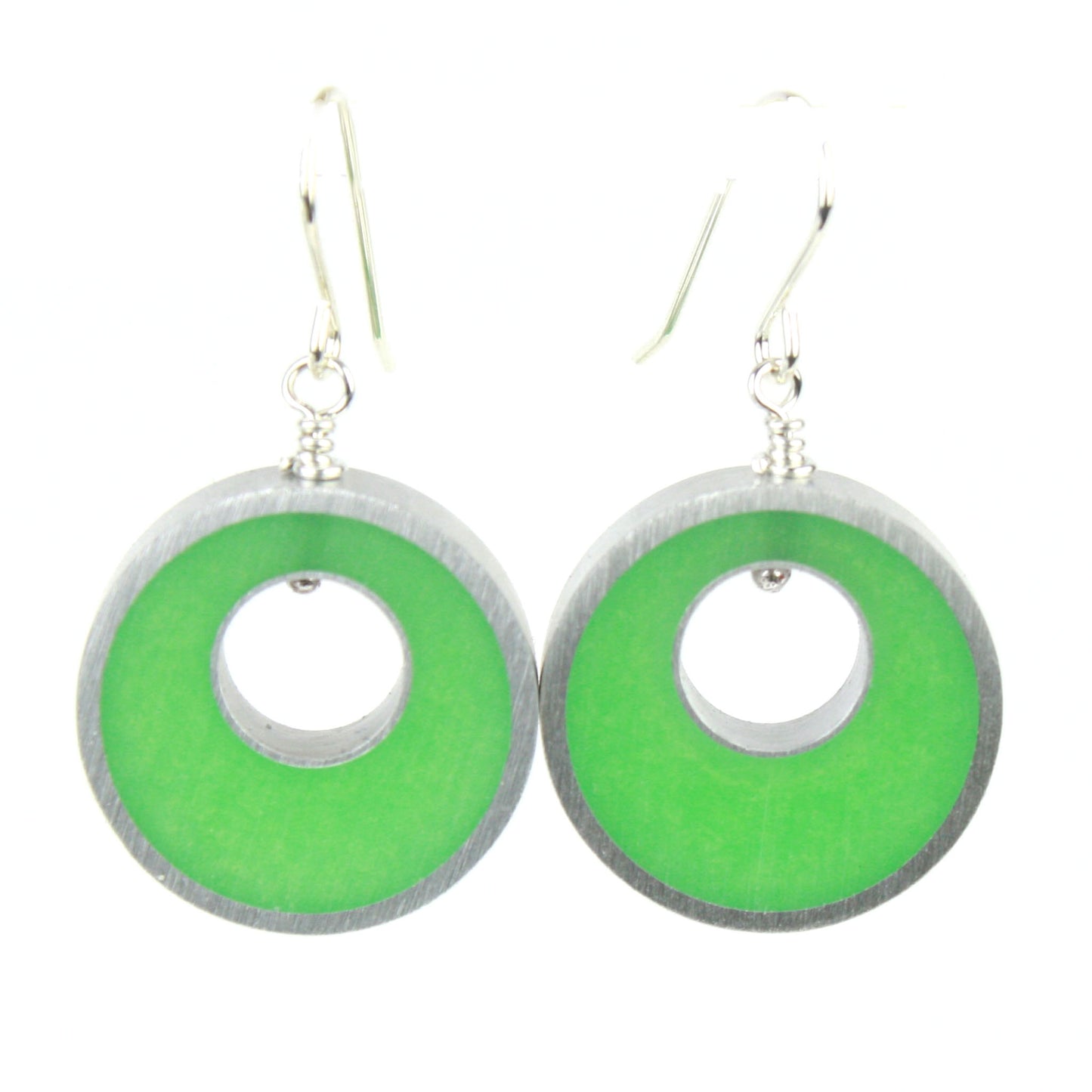 Green Spotlight Earrings made of eco-resin and salvaged aluminum with sterling silver ear wires, offering lightweight and sustainable style.