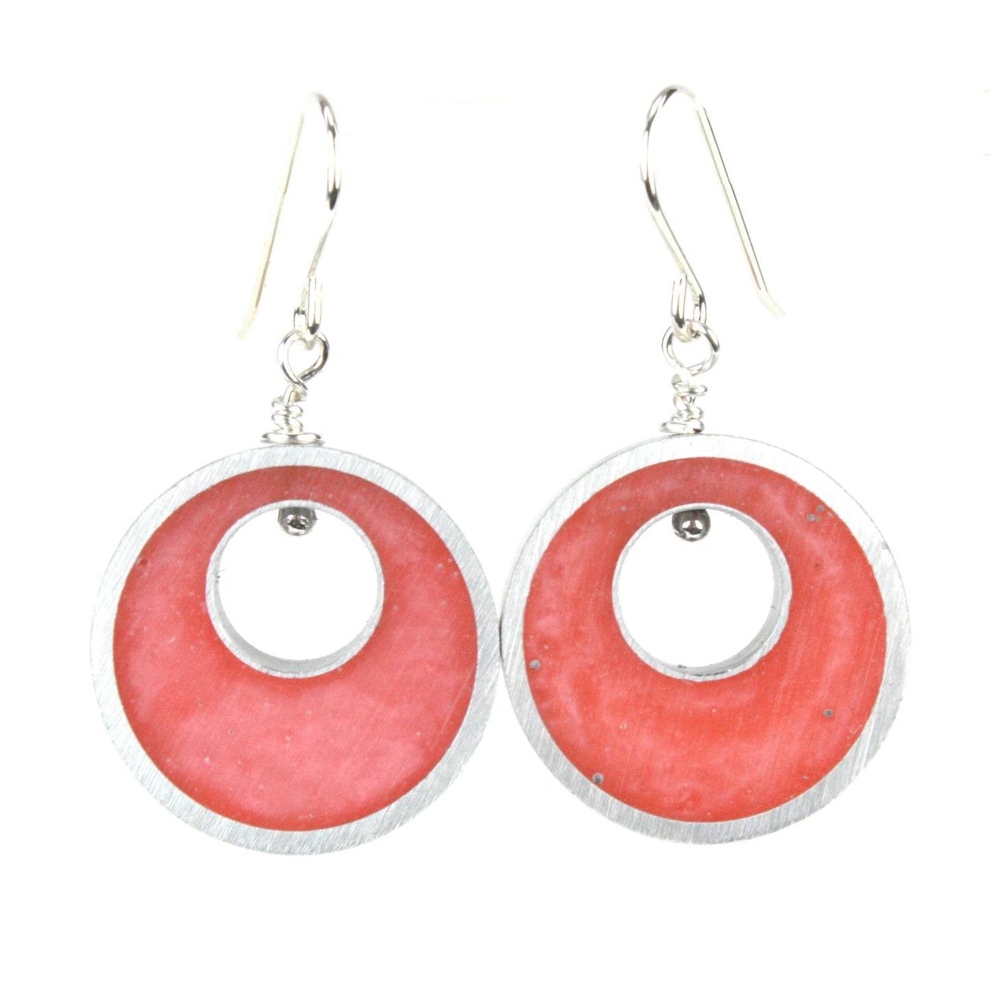 Light pink Spotlight Earrings made of eco-resin and salvaged aluminum with sterling silver ear wires, offering lightweight and sustainable charm.