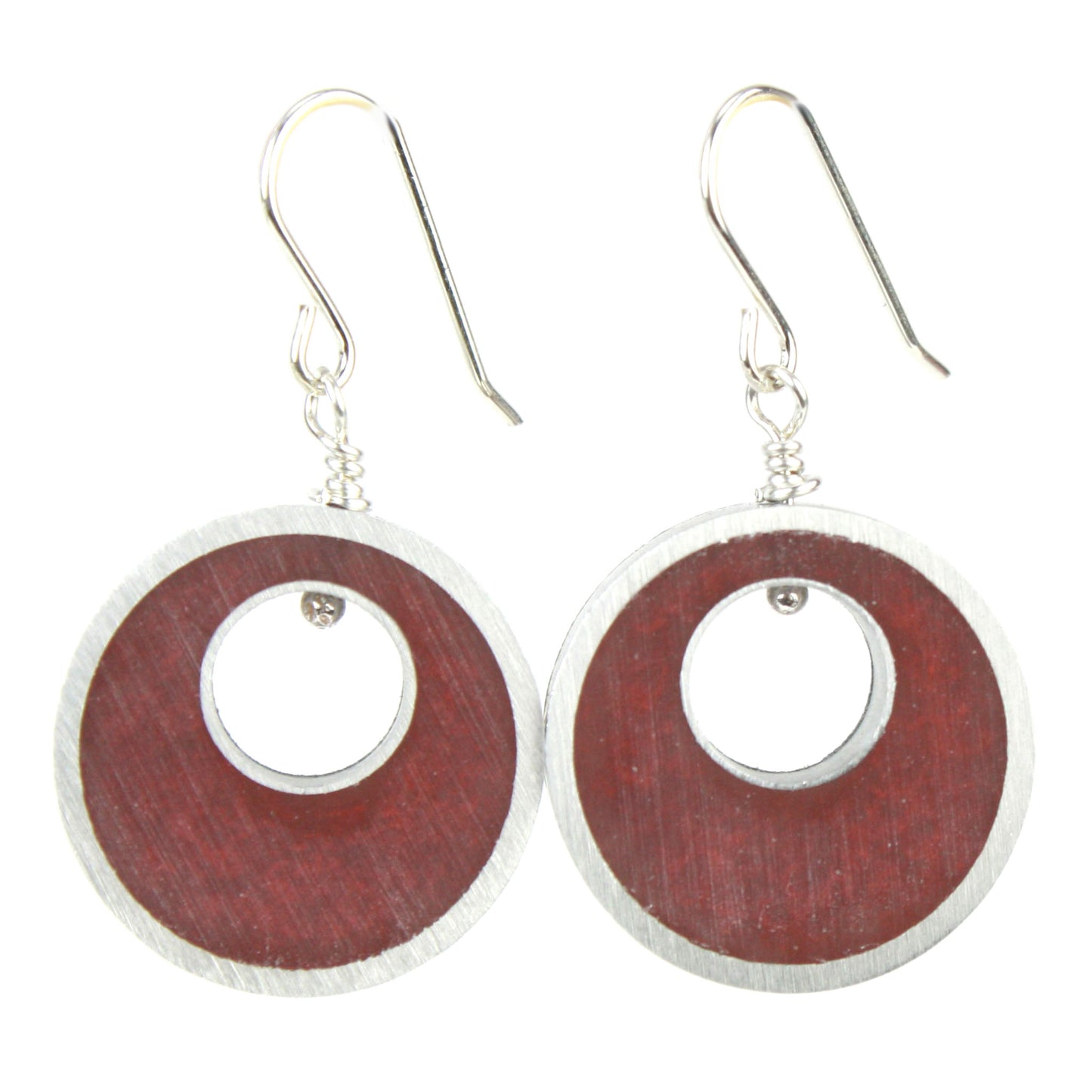 Ruby red Spotlight Earrings made of eco-resin and salvaged aluminum with sterling silver ear wires, offering lightweight and sustainable sophistication.