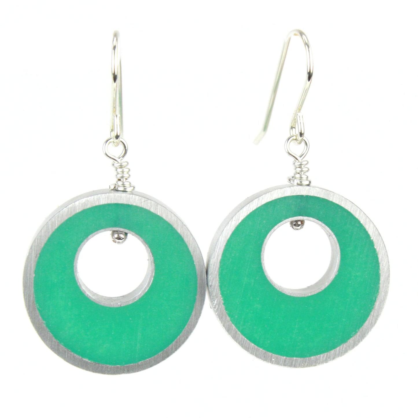 Seafoam Spotlight Earrings made of eco-resin and salvaged aluminum with sterling silver ear wires, offering lightweight and sustainable charm.