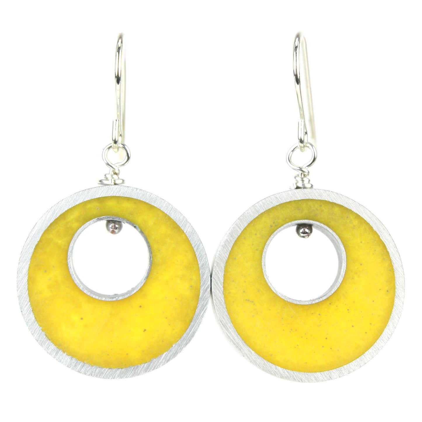 Yellow Spotlight Earrings made of eco-resin and salvaged aluminum with sterling silver ear wires, offering lightweight and sustainable brilliance.

