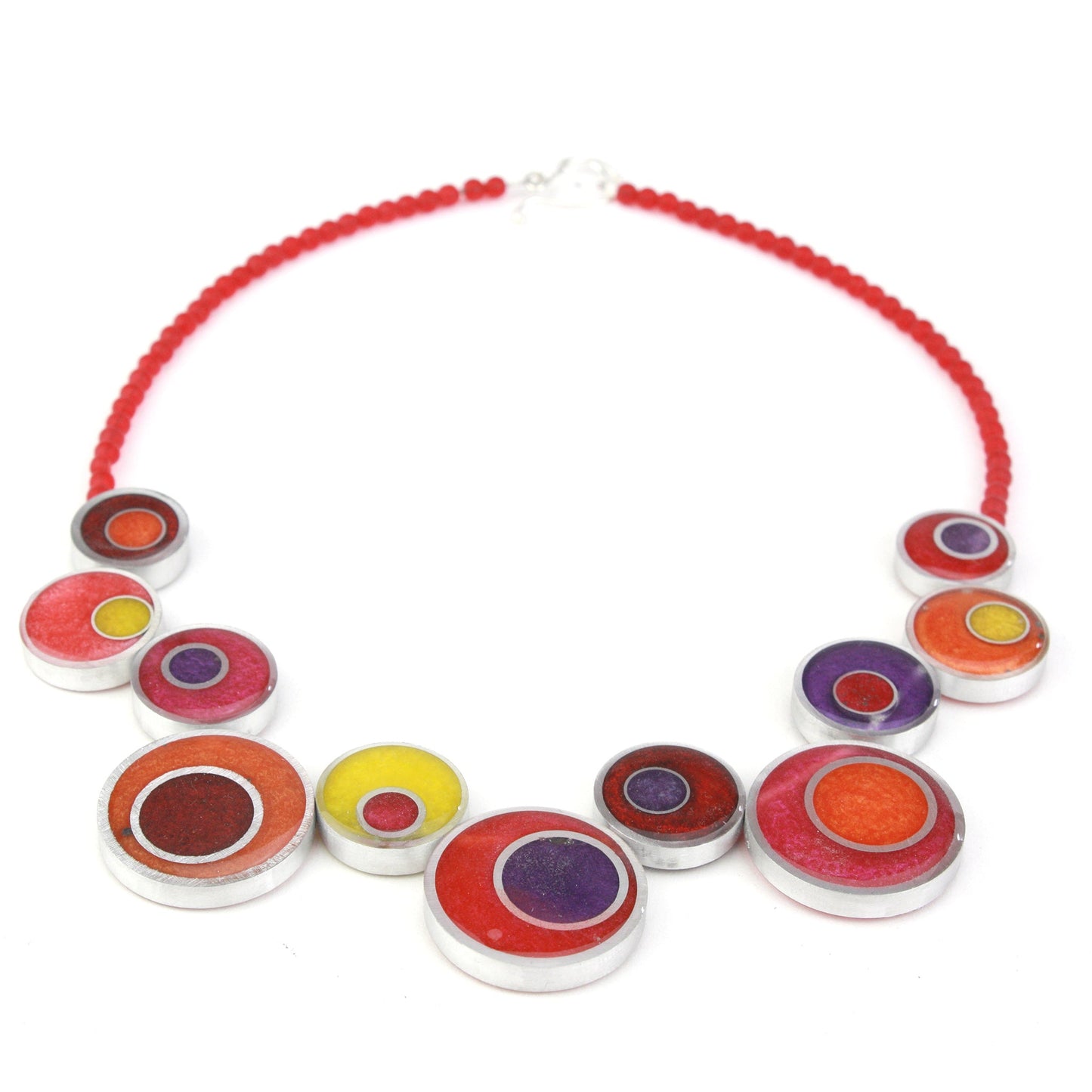 Resinique offset circle necklace - reds, oranges and purples