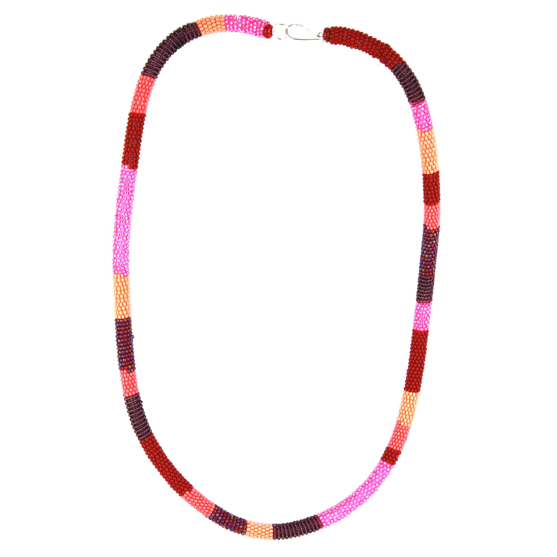 Confetti Knot Necklace with glass beads in shades of reds, oranges, and pinks, featuring a soft silicone core and sterling silver hook-and-loop closure.