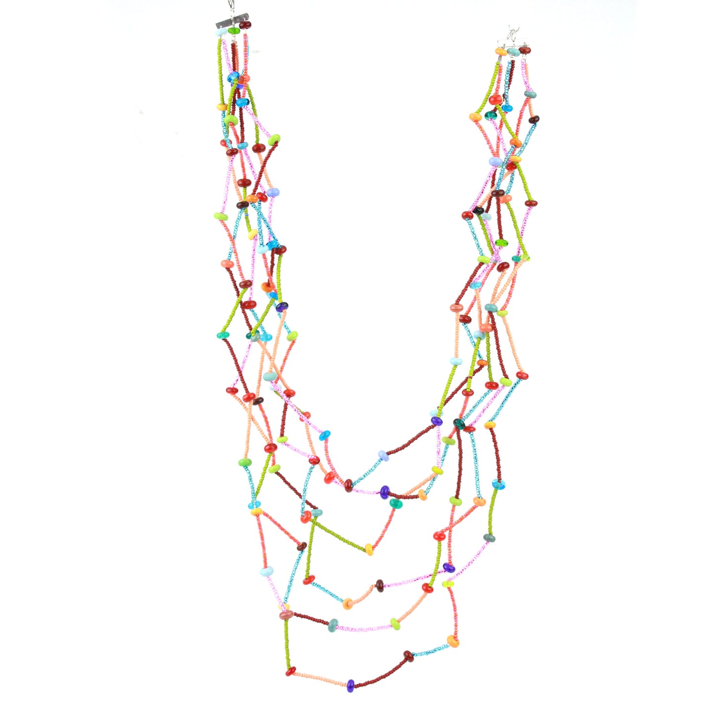 The Fiesta Necklace in multi color. Six-strand multicolor necklace with tiny glass and lampwork beads arranged in a crimped, zig-zag drape on steel cable.