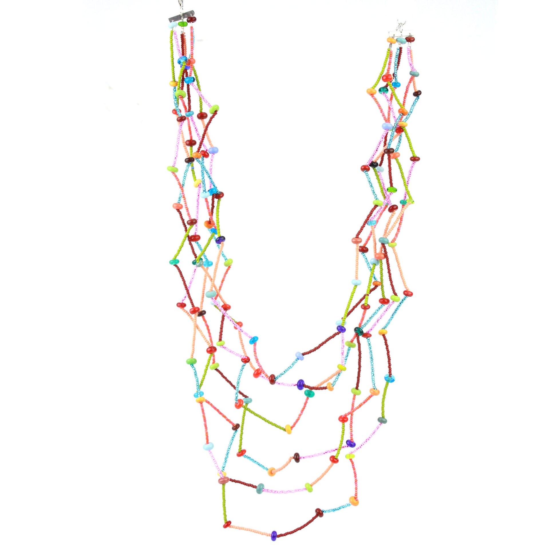 The Fiesta Necklace in multi color. Six-strand multicolor necklace with tiny glass and lampwork beads arranged in a crimped, zig-zag drape on steel cable.