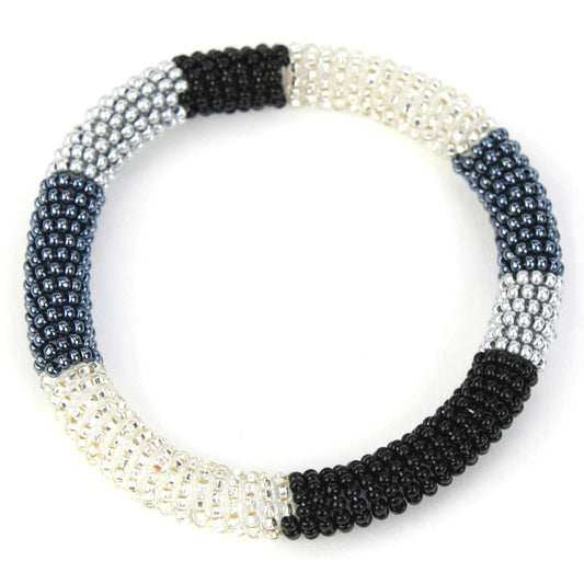 Beaded bracelet - black, white, steel and silver