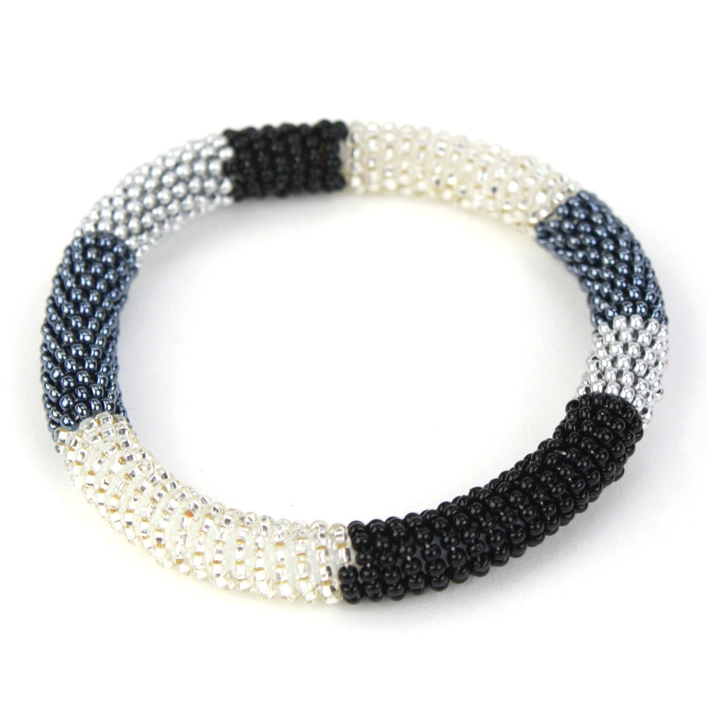 Beaded bracelet - black, white, steel and silver